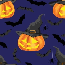 45" Halloween - Pumpkin & Bat Blue - 1 yd
